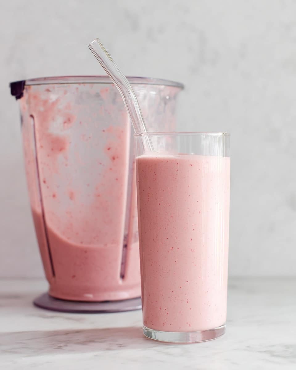 A tall clear glass is filled to the top with a smooth, light pink smoothie that has tiny red specks throughout. The glass has a glass straw angled out from the top. Behind it, there is a blender with some leftover light pink smoothie clinging inside the tall clear container. Both are placed on a white marbled surface with a white marbled background. photo taken with an iphone --ar 4:5 --v 7