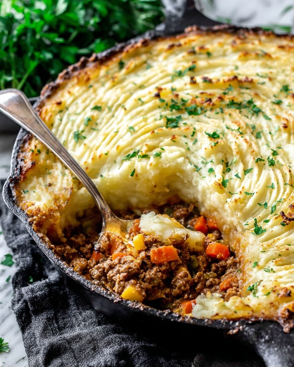 A white plate holds a serving of shepherd's pie with two thick layers: a golden, slightly browned mashed potato top sprinkled with chopped green herbs, and underneath, a textured layer of ground meat mixed with small pieces of yellow corn, orange carrots, and green peas. The pie looks soft and creamy on top with a firm, chunky base. There is some extra chopped green herbs scattered around the plate and a silver fork placed on the edge. The dish is set on a white marbled surface. Photo taken with an iphone --ar 4:5 --v 7