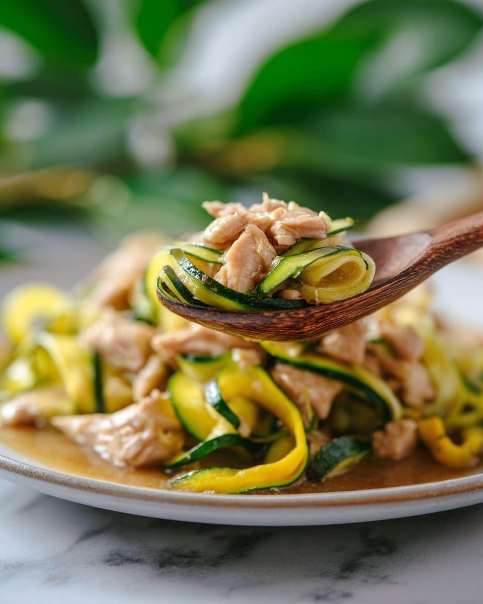 The image shows a close-up of a dish served on a white plate. The dish has two main layers: a base layer of thinly sliced yellow and green zucchini ribbons that have a soft, slightly shiny texture, and a top layer of diced light brown cooked chicken pieces mixed throughout. In the front, a wooden spoon holds a serving of the zucchini and chicken, showing the textures more clearly with the zucchini looking tender and the chicken moist. The background is softly blurred with green leaves visible, and the whole setting rests on a white marbled surface. photo taken with an iphone --ar 4:5 --v 7