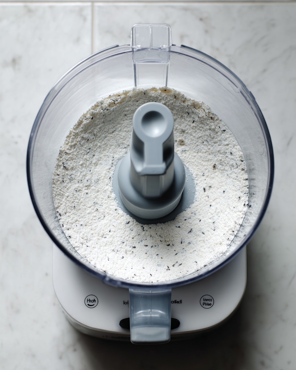 The image shows a close-up top view of a food processor filled with a single layer of fine white powder with small dark specks, spread evenly in the clear plastic bowl around the central gray blade attachment. The base of the food processor is white with visible buttons labeled