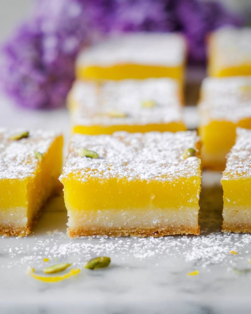 The image shows a close-up of several square lemon bars arranged on a white marbled surface. Each lemon bar has three distinct layers: a bottom light beige crust, a thick middle bright yellow lemon filling, and a top layer dusted with white powdered sugar. Small greenish seeds are scattered on the powdered sugar and around the bars. In the background, there are soft purple flowers slightly blurred. Photo taken with an iphone --ar 4:5 --v 7