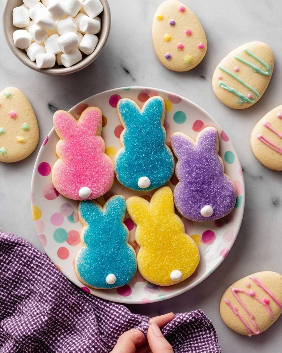 A white plate with colorful polka dots holds seven bunny-shaped sugar cookies covered in bright sugar crystals: two blue, two pink, two purple, and one yellow. Each bunny cookie has a small white icing dot near the bottom representing a tail. Around the plate, there are two plain bunny cookies without icing and three decorated egg-shaped cookies with colorful icing lines and dots in pink, yellow, and blue. A bowl full of mini white marshmallows is visible on the white marbled surface, and a woman's hand holds a purple and white checkered cloth near the plate. Photo taken with an iphone --ar 4:5 --v 7