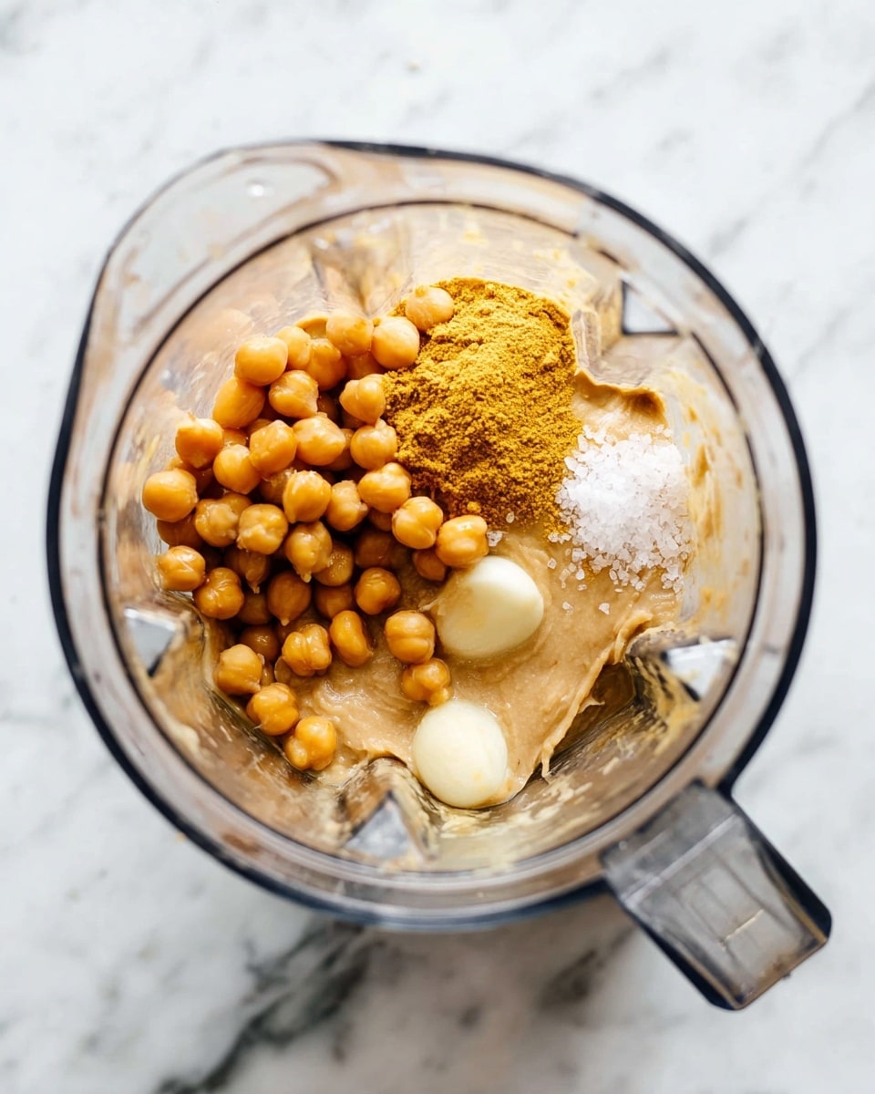 A clear blender jar set on a white marbled surface contains several ingredients layered inside. The bottom layer is a smooth, pale beige paste. On top of that and spread mostly to the left side, there are round, shiny chickpeas in a light brown color. On the right side above the paste, there is a mound of golden-yellow powder. Two whole, smooth garlic cloves rest near the center, and a small pile of fine white salt crystals is sprinkled near the chickpeas. The blender jar is transparent with clear edges and a handle on the right side. photo taken with an iphone --ar 4:5 --v 7