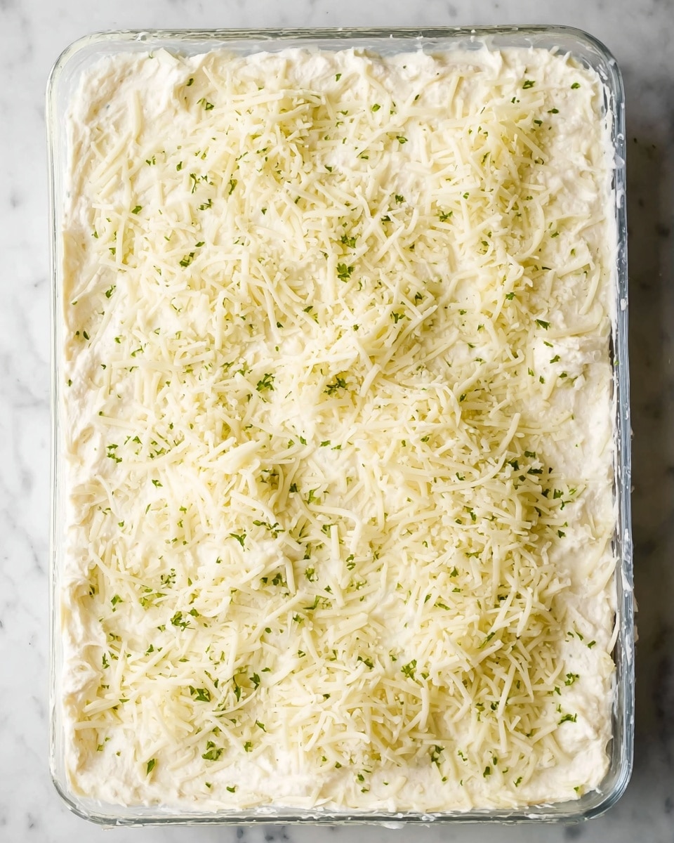 A glass dish filled with a creamy white mixture spread evenly across the bottom, topped with a scattered layer of light yellow shredded cheese and small green herb flakes sprinkled on top. The cream layer has a soft, slightly lumpy texture and covers the entire rectangular dish. The background is a white marbled surface. Photo taken with an iphone --ar 4:5 --v 7