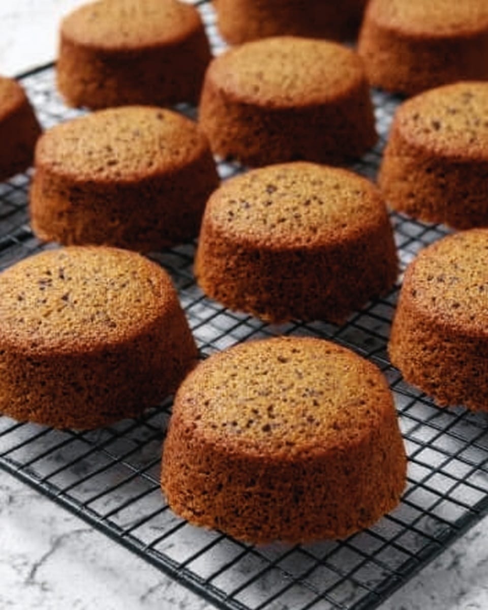 The image shows several small, round baked cakes with a rough, brown textured surface and dotted with small dark spots, arranged neatly on a black wire cooling rack. Each cake is thick and appears slightly crumbly on the edges. The wire rack sits on a white marbled surface. Photo taken with an iphone --ar 4:5 --v 7