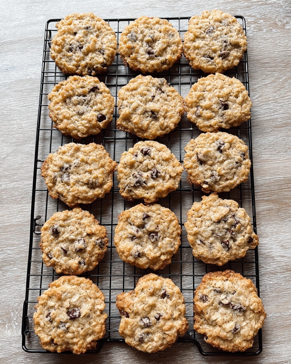Fifteen round oatmeal chocolate chip cookies with a light golden brown color and a slightly rough texture lay in three rows across a black metal cooling rack. The cookies have irregular edges and are studded with small dark chocolate chips throughout. The rack is placed on a flat surface with a white marbled texture visible around the edges, with a wooden tone showing through the spaces of the rack. The overall look is warm and homemade. photo taken with an iphone --ar 4:5 --v 7