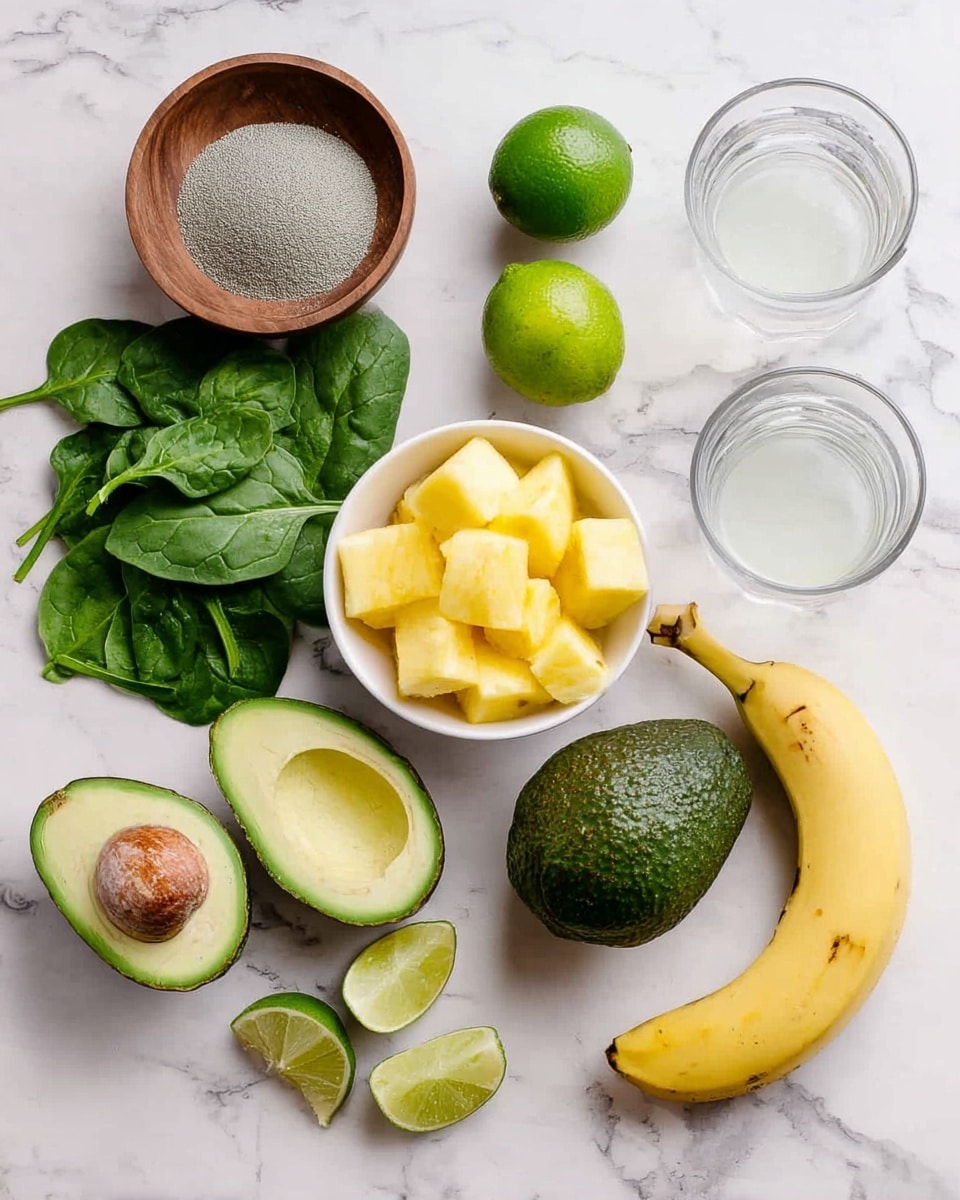 The image shows a flat lay on a white marbled surface with fresh ingredients arranged neatly. In the middle, there is a white bowl filled with yellow pineapple chunks. Next to it are two whole limes and one lime cut in half showing a light green interior. There are two avocado halves placed below the bowl, one showing the seed and the other empty with smooth green flesh. A whole avocado is nearby with dark green rough skin. A yellow banana lies diagonally among fresh dark green spinach leaves spread on both sides. A small wooden bowl filled with a coarse grayish powder is placed near the top left. Two clear glasses with white liquid and two empty clear glasses complete the arrangement. Photo taken with an iphone --ar 4:5 --v 7