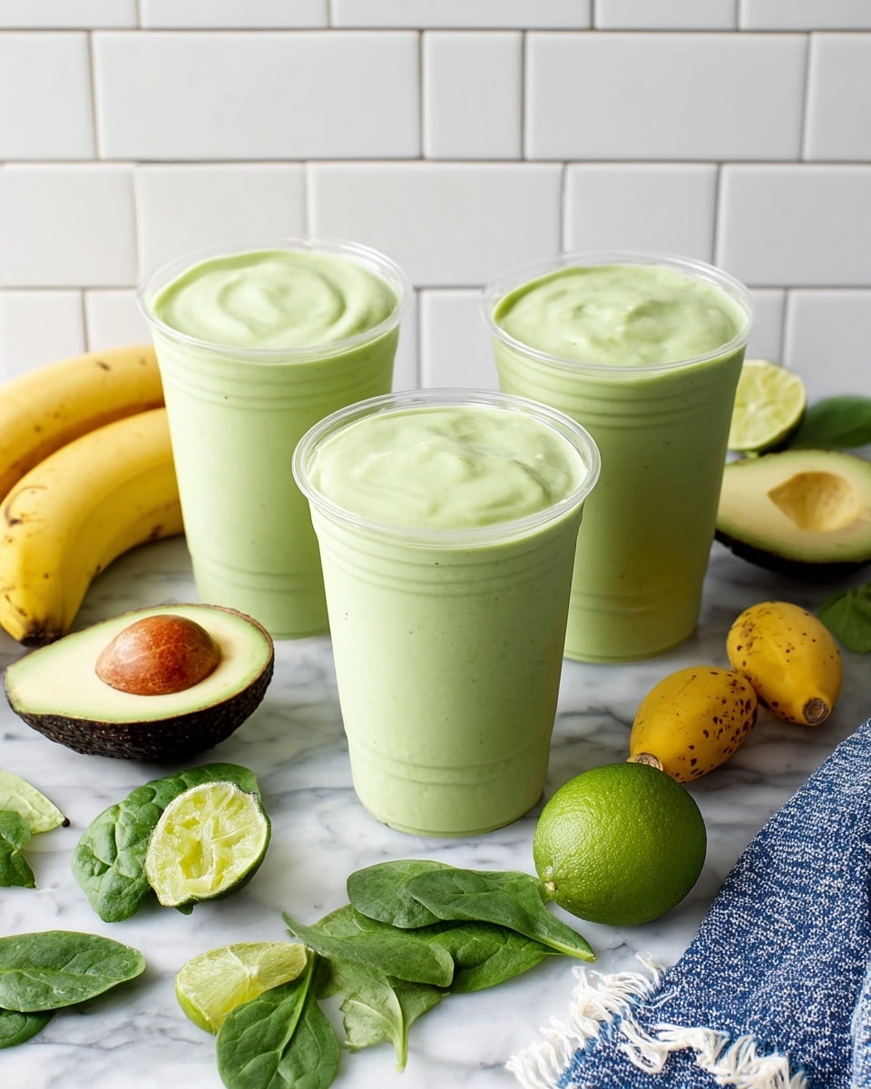Three clear plastic cups filled with creamy light green smoothie are placed on a white marbled surface. Around the cups are fresh ingredients including whole and sliced limes with bright green skin, a halved avocado showing its dark seed and pale green flesh, scattered spinach leaves, and two small yellow bananas with brown spots. A blue and white striped cloth with frayed edges is partly visible on the bottom right. The backdrop is a clean white tiled wall. photo taken with an iphone --ar 4:5 --v 7