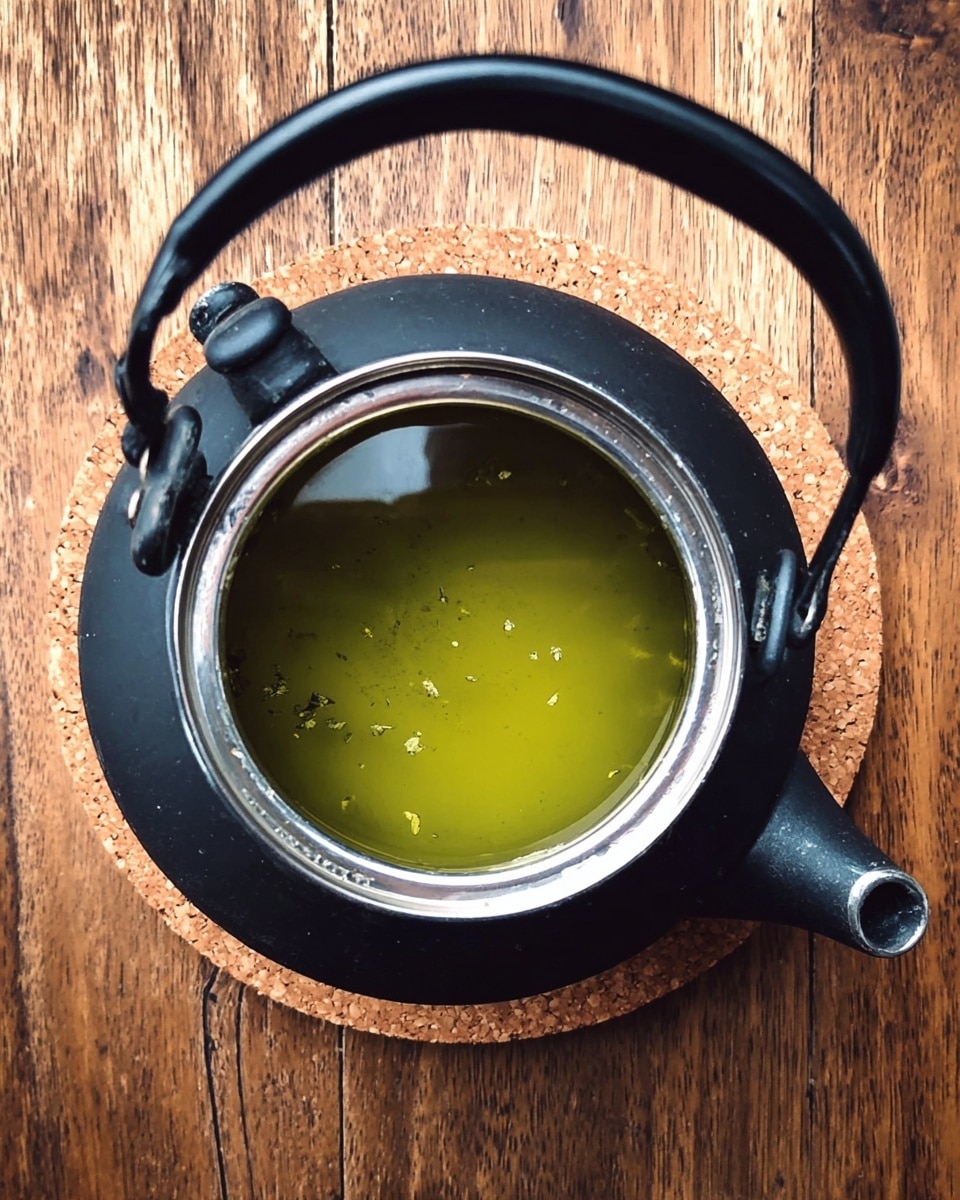 A top view of a black teapot with a shiny silver inside filled with light green tea, showing some small particles floating on the surface. The teapot is resting on a round cork coaster placed on a brown wooden surface. The handle and spout of the teapot are visible, and there are reflections on the tea’s surface from light above. photo taken with an iphone --ar 4:5 --v 7