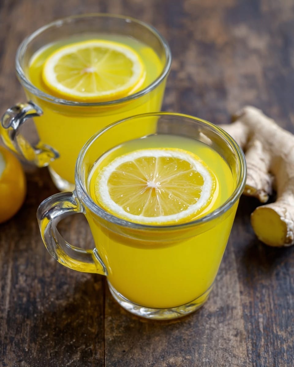 The image shows two clear glass cups filled with bright yellow liquid, each with a slice of lemon floating on top. The liquid looks smooth and slightly thick, with the lemon slices positioned in the center of the cups, showing the pale yellow, segmented texture of the fruit. The cups have handles and sit on a dark wooden surface, with a piece of fresh ginger root placed to the right on the surface. The background is simple and rustic. Photo taken with an iphone --ar 4:5 --v 7