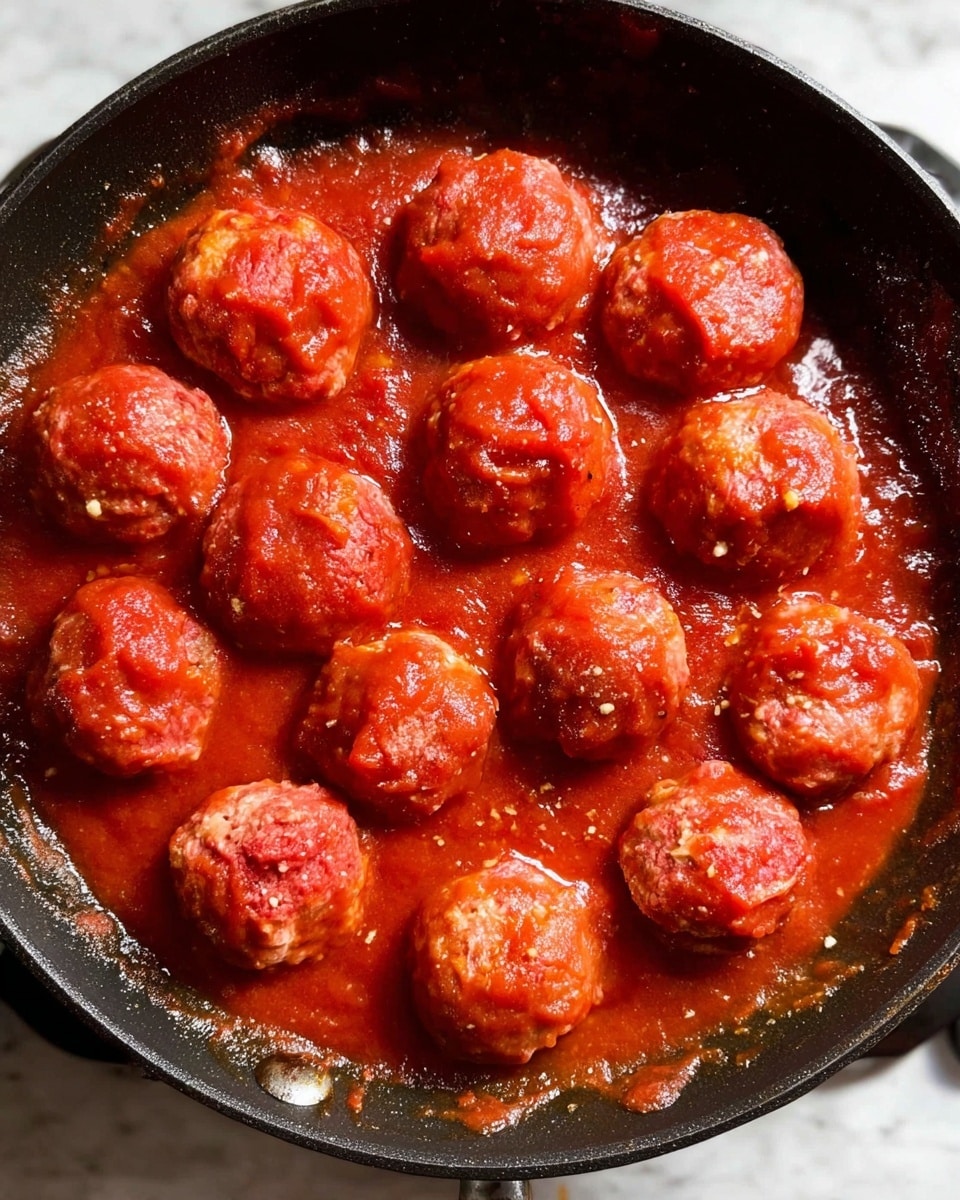 A close-up view of a dark pan filled with twelve round, uncooked meatballs tightly packed in rich red tomato sauce. Each meatball is covered in a smooth layer of sauce with small bits of garlic or seasoning visible, and their pinkish raw texture peeks through the sauce. The sauce fills the space between the meatballs, showing a slightly thick but even texture. The pan sits on a stove, and the edges show some slight frying marks. The background surface is a white marbled texture. photo taken with an iphone --ar 4:5 --v 7