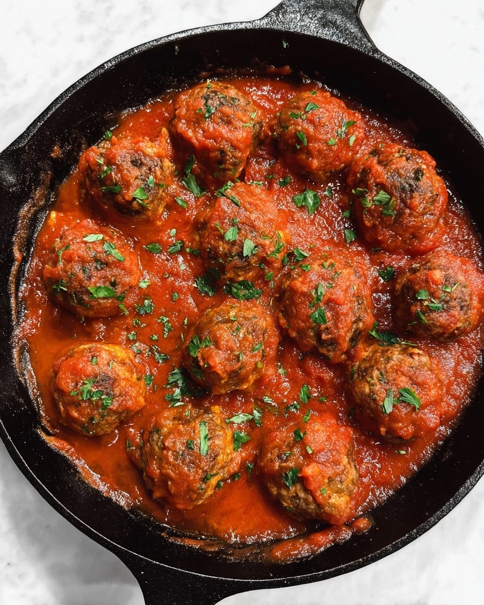 A black cast iron pan holds about twelve round meatballs, each covered in thick red tomato sauce. The sauce fills the bottom of the pan and surrounds the meatballs, with a slightly chunky texture. Small green herbs are sprinkled on top of the meatballs, adding color contrast. The pan is sitting on a white marbled surface. photo taken with an iphone --ar 4:5 --v 7
