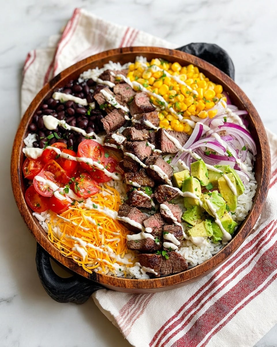 A round wooden bowl with black handles holds a layered dish on a white marbled surface. The bottom layer is white rice, visible around the edges and under the toppings. On top, arranged in sections, there are black beans on the left, yellow corn on the top right, red sliced onions on the right, halved cherry tomatoes on the bottom left, shredded orange cheese near the bottom center, and sliced green avocado on the bottom right. In the center, there are small cubes of grilled steak with grill marks, garnished with green herbs. The whole dish is lightly drizzled with a creamy white sauce. A white cloth with red and black stripes is placed on the right side. Photo taken with an iphone --ar 4:5 --v 7