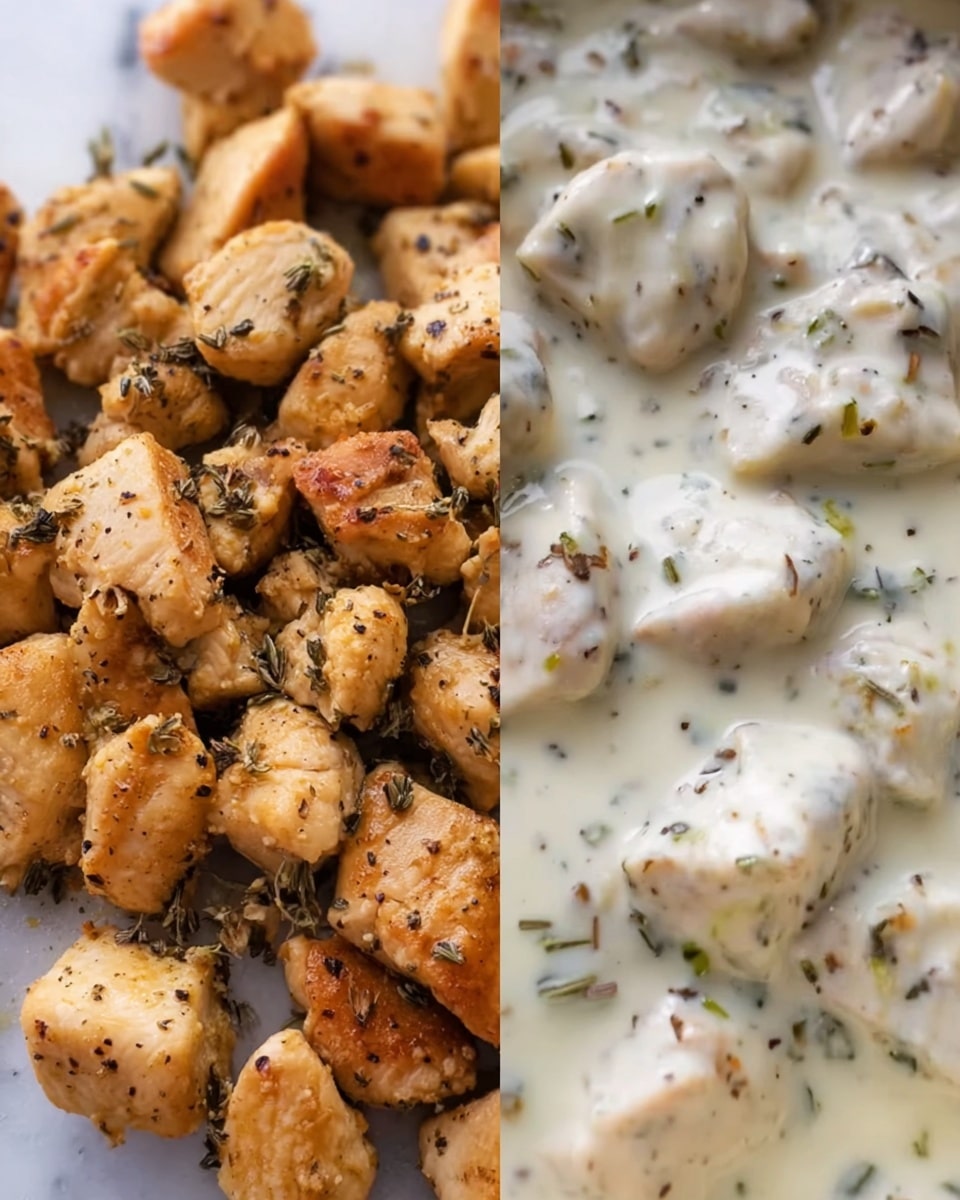 The image shows two close-up views of cooked chicken pieces. On the left side, the chicken chunks are browned and seasoned, with herbs and small bits visible on the surface. The texture looks a bit crisp and dry. On the right side, the chicken pieces are covered in a thick, creamy white sauce with herbs mixed in, making the chicken look soft and moist. Both views focus closely on the chicken pieces without any plates or bowls seen, all set on a white marbled surface. photo taken with an iphone --ar 4:5 --v 7