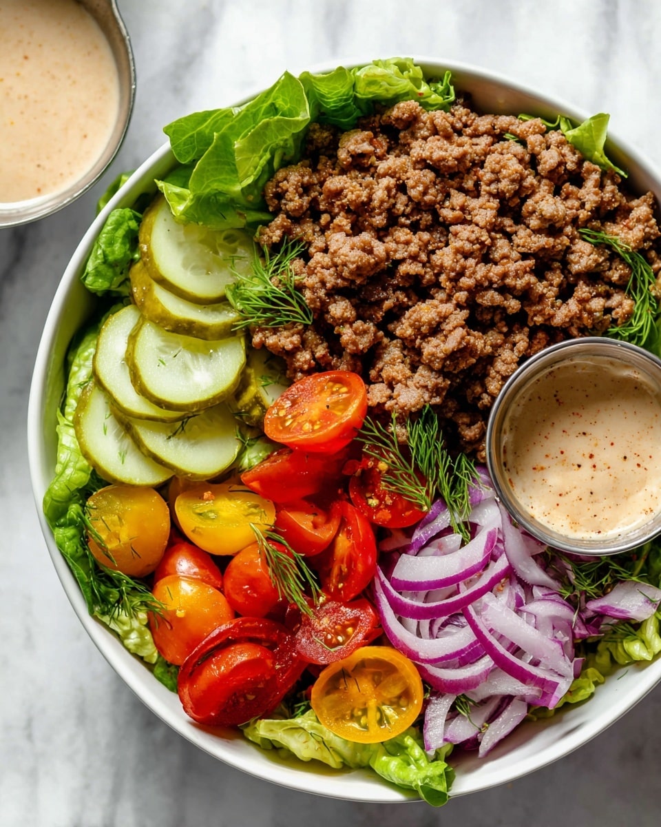 In a white bowl on a white marbled surface, there is a fresh salad with four visible sections: bright green leafy lettuce spread at the bottom, a pile of cooked brown ground meat with a creamy light brown sauce drizzled over it on the top right, thin slices of pale green cucumber on the far right with some sauce, vibrant red and yellow halved cherry tomatoes with green herb sprinkles at the bottom, and several purple onion rings on the left side. A small metal cup filled with a creamy beige dressing sits among the greens near the top left edge. photo taken with an iphone --ar 4:5 --v 7