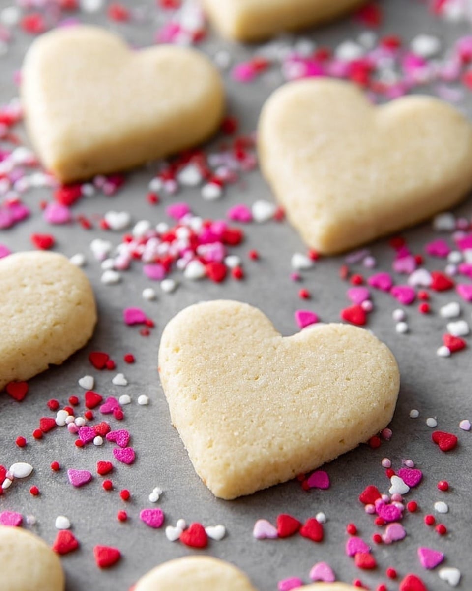 The image shows several light golden heart-shaped cookies arranged on a grey baking sheet, surrounded by small red, pink, and white heart-shaped sprinkles scattered randomly in the gaps. The cookies have a soft, smooth texture and look thick but flat. The surface under the baking sheet is not visible, but the focus is on the cookies and colorful sprinkles around them. photo taken with an iphone --ar 4:5 --v 7