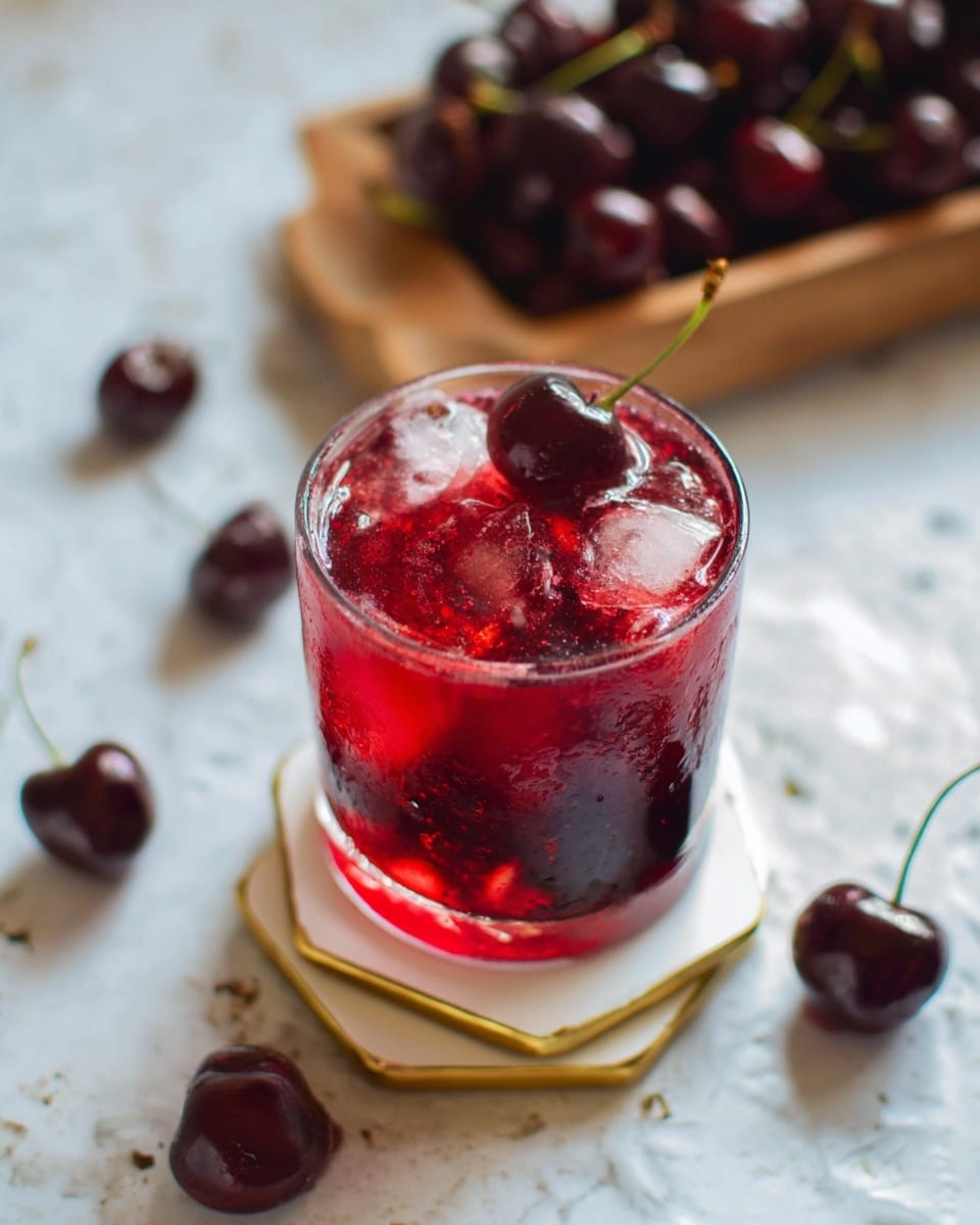 A clear glass with a geometric pattern holds a dark red drink filled with ice cubes and whole dark cherries. The glass sits on three layered hexagonal coasters with a gold trim and a marble design. There are loose dark cherries scattered on a white marbled surface around the glass. In the background, a bottle filled with a dark liquid is slightly out of focus, with a blurred white tiled wall behind it. The lighting softly highlights the red drink and shiny cherries, showing reflections on the glass. photo taken with an iphone --ar 4:5 --v 7