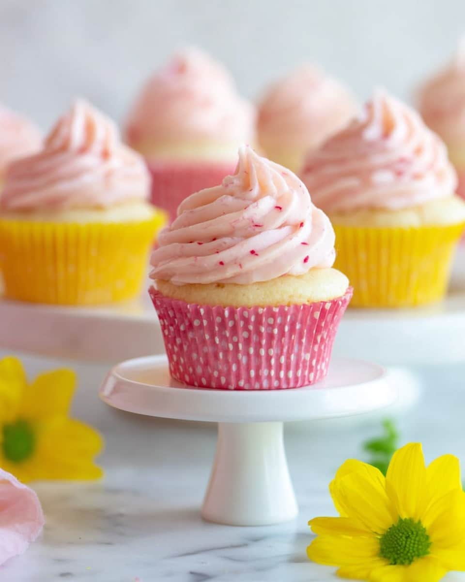 A close-up view of a cupcake with a light yellow base wrapped in a pink cupcake liner with white polka dots, topped with one large swirl of light pink frosting that has small red specks, sitting on a white cake stand with a smooth surface and narrow stem. In the background, there are three more cupcakes slightly out of focus, each with the same frosting style but different liners, including pink and yellow, all placed on a white marbled surface. A small bright yellow flower with green accents lies on the surface near the base of the cake stand. The image has a soft and bright feel, emphasizing the pastel colors and delicate texture of the frosting and cake. Photo taken with an iphone --ar 4:5 --v 7