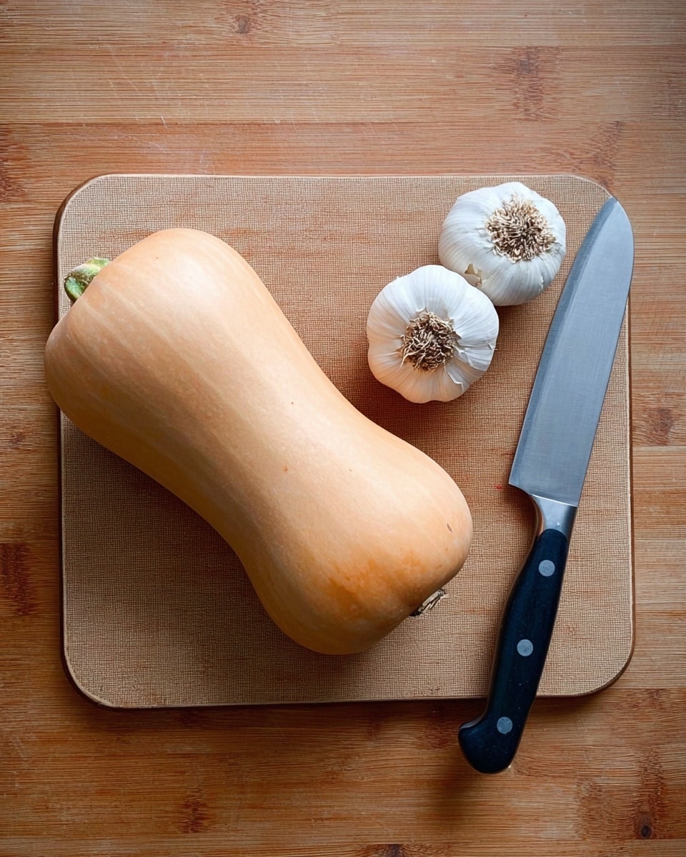 The image shows a light brown cutting board on a wooden surface with a whole butternut squash and a head of garlic placed on it. To the right side of the cutting board, there is a large silver knife with a black handle resting on the wooden surface. The butternut squash is smooth and light orange, and the garlic is round with white papery skin. photo taken with an iphone --ar 4:5 --v 7