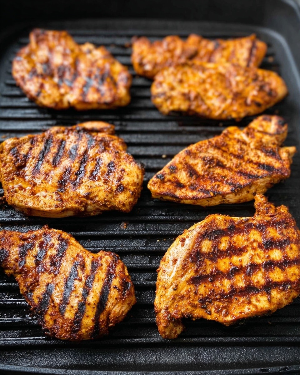The image shows six grilled pieces of chicken placed directly on a black grill pan. Each piece has clear dark grill marks running horizontally, with a golden brown and slightly charred surface. The chicken pieces vary in size and shape, arranged in two rows, with a rough texture visible from the spices and cooking. The background under the grill is not visible, focusing fully on the grilled chicken. Photo taken with an iphone --ar 4:5 --v 7