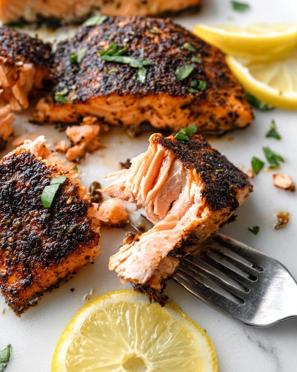 Two pieces of cooked salmon fillets lay side by side on a white plate with a speckled pattern. Each fillet has a dark, textured, crispy top layer sprinkled with small green parsley bits, while the sides are a warm orange-pink color showing the cooked fish underneath. Around the fillets, there are fresh parsley leaves and three bright yellow lemon wedges placed on the white plate. The whole scene is set against a white marbled textured surface. photo taken with an iphone --ar 4:5 --v 7