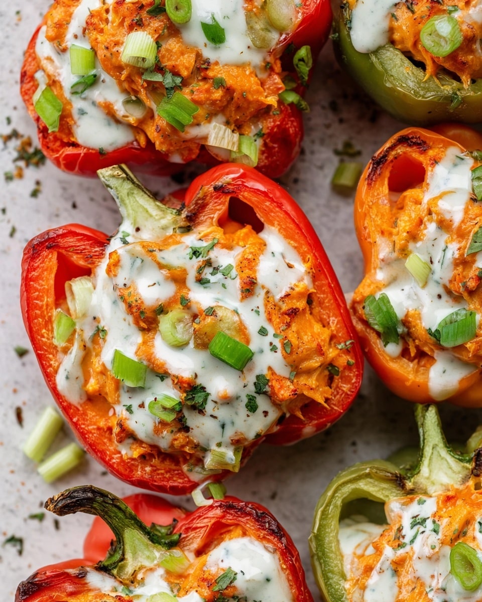 The image shows a white cast iron pan with six stuffed bell pepper halves, five red and one green, arranged in the pan. Each pepper half is filled with a moist, shredded orange filling that looks like chicken and cheese mixture. Over the filling, there is a creamy white sauce drizzled on top, speckled with green herbs. Thinly sliced green onions and chopped fresh herbs are sprinkled over the sauce, adding a fresh green color. The inside of the pan has some browned spots around the peppers, and the pan sits on a white marbled surface with a piece of grey and white textured fabric next to it. photo taken with an iphone --ar 4:5 --v 7