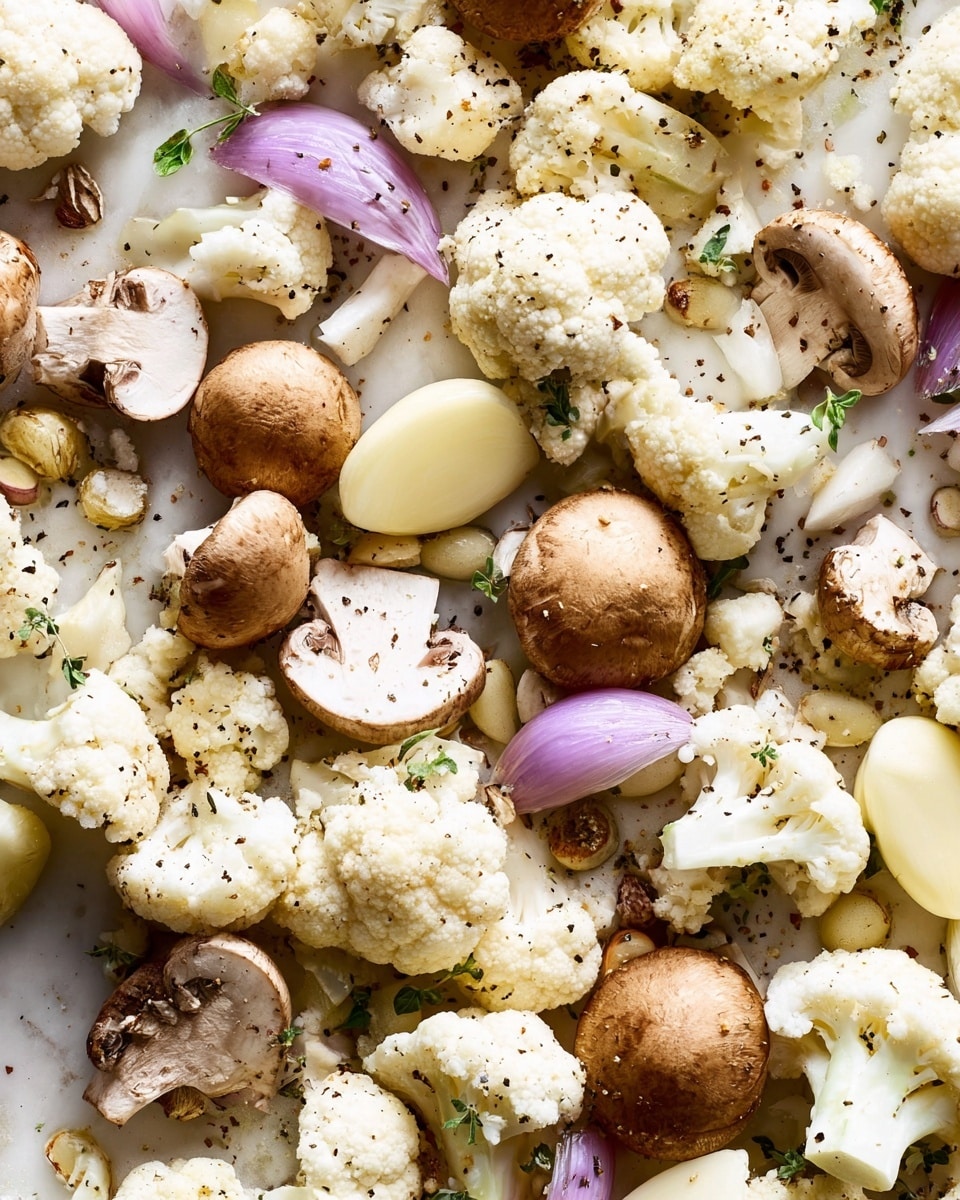 The image shows a close-up view of a mix of raw vegetables spread out evenly on a white marbled surface. The base layer is made up of creamy white cauliflower florets that have a bumpy, rough texture. Scattered among the cauliflower are light brown mushrooms, some whole and some sliced in half, showing their smooth caps and white stems. There are also pieces of light purple shallots, sliced into wedges, with a slightly shiny, smooth surface. Small whole garlic cloves with a pale yellow tone are placed throughout. The vegetables are sprinkled with coarse black pepper and small green herb leaves, adding specks of dark color and freshness across the arrangement. The lighting is bright and natural, highlighting the textures and colors clearly, suggesting a fresh preparation stage. photo taken with an iphone --ar 4:5 --v 7