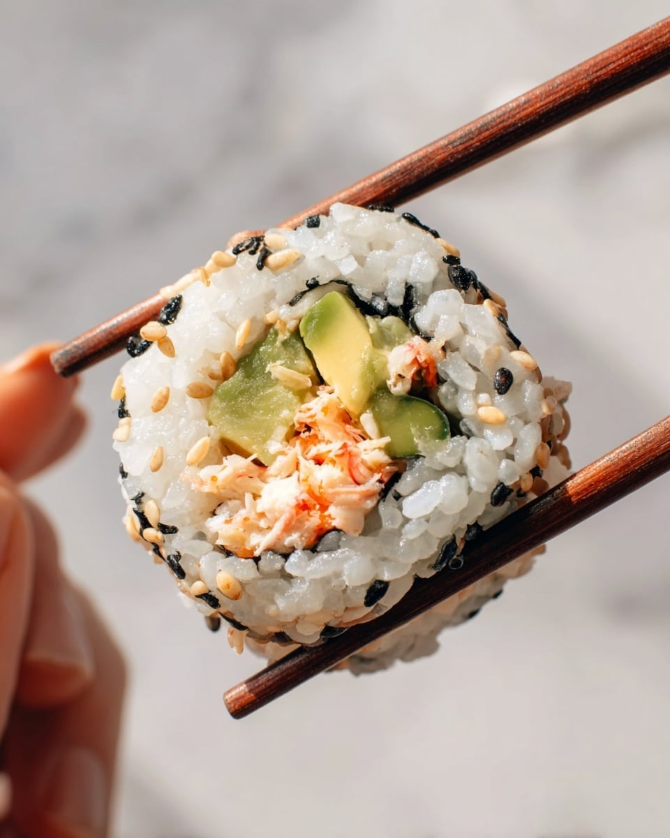 A close-up view of a sushi roll held by a pair of brown wooden chopsticks with a woman's hand partly visible. The sushi roll has three main layers: the outer layer is white rice mixed with black and light brown sesame seeds, the middle layer is a thin sheet of dark green seaweed, and the inner layer contains light orange shredded crab, bright green avocado, and darker green cucumber pieces. The background is a white marbled texture with soft lighting. photo taken with an iphone --ar 4:5 --v 7