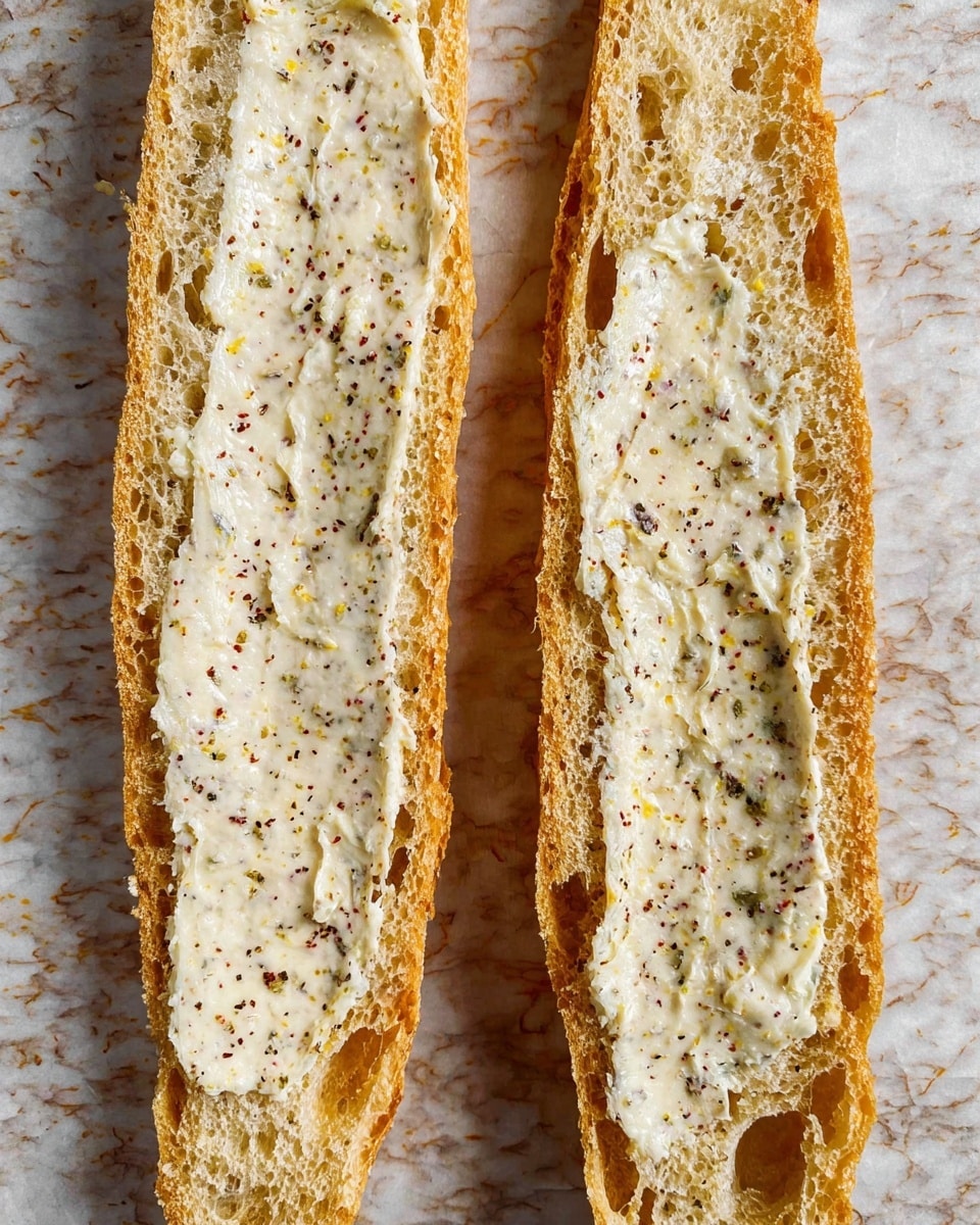 Two long slices of light tan bread with an airy, porous texture are spread evenly with a creamy white spread that has small black and orange specks throughout. The bread slices are placed side by side on a white marbled surface, showing their open, holey crumb. The spread forms a smooth, thin layer that covers most of the bread’s surface, with slight unevenness and small areas where the bread texture shows through. Photo taken with an iphone --ar 4:5 --v 7