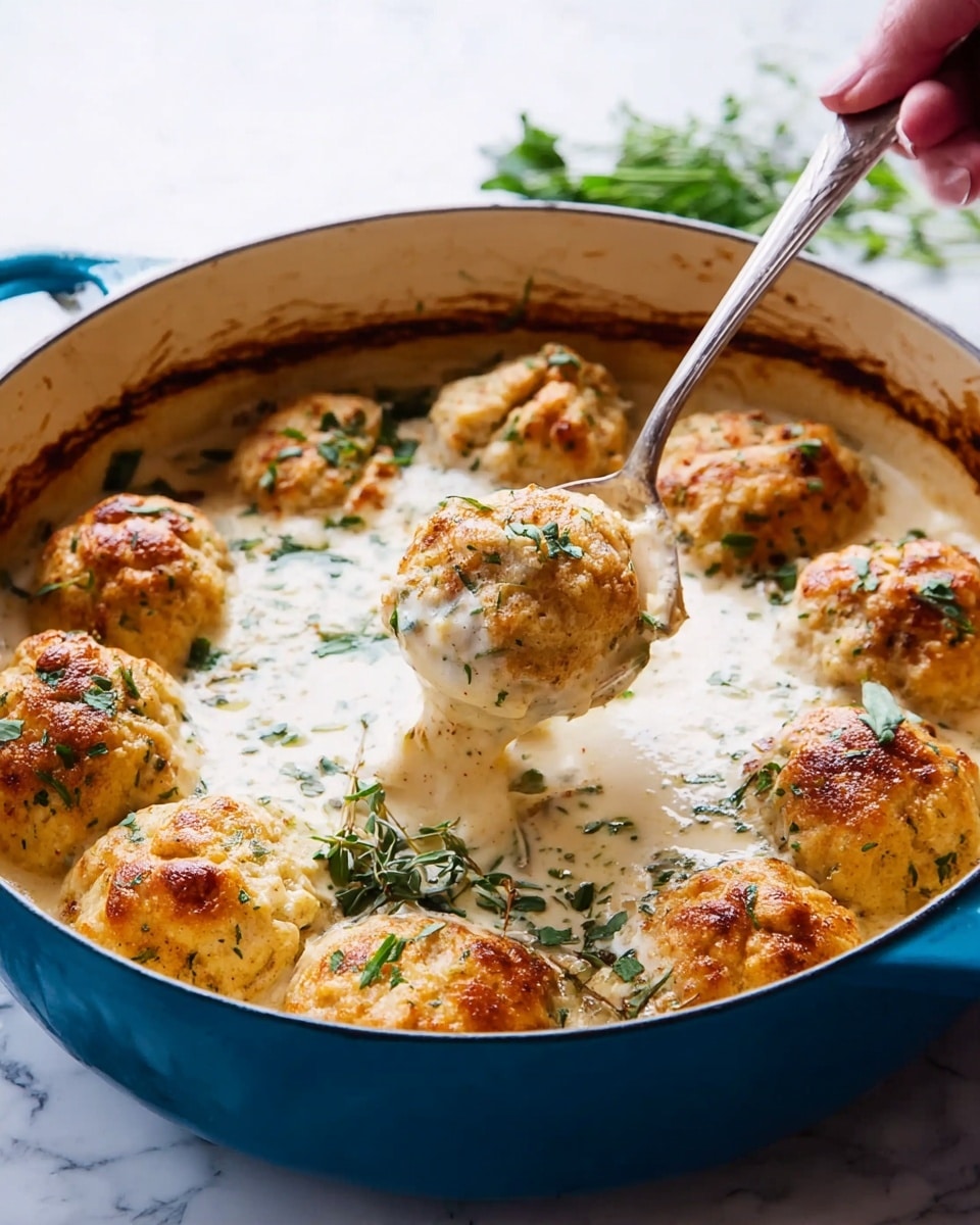 A blue cast iron pot filled with round, golden brown dumplings sitting on top of a creamy white sauce with green herb bits sprinkled inside and on the dumplings. The dumplings have a lightly crispy, textured top and are partially submerged in the sauce. A woman's hand holding a silver spoon is lifting one dumpling covered with sauce out of the pot. The background is a white marbled texture, and some fresh green herbs are visible near the pot. Photo taken with an iphone --ar 4:5 --v 7