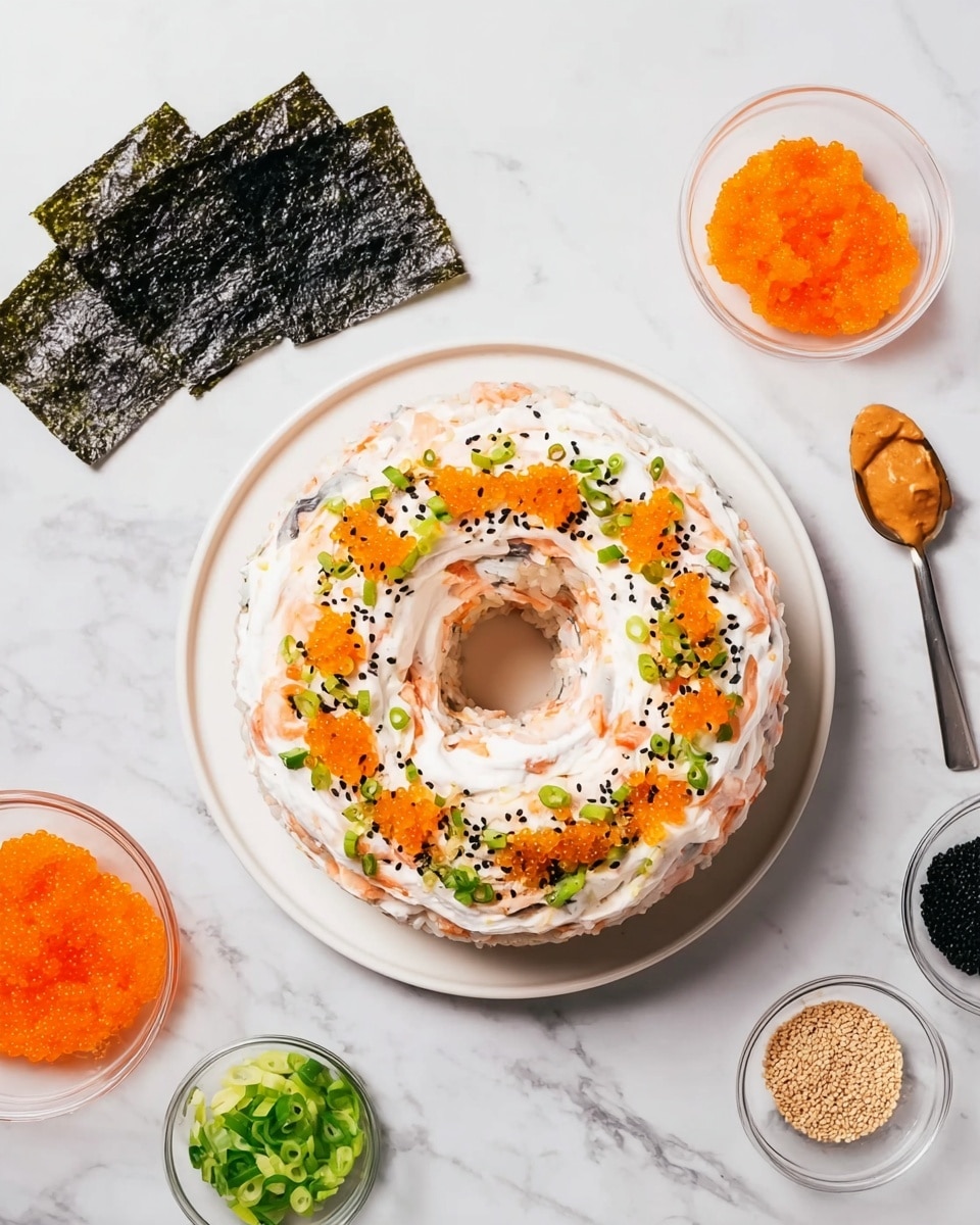 The dish is a ring-shaped layered sushi cake placed on a white plate with a slightly raised edge. The main layer is made of white rice mixed with small pieces of light pink seafood, topped with a thick spread of white cream or sauce swirled evenly around the ring. On top of the cream, there are bright orange fish eggs scattered along with small green onion pieces and black sesame seeds, giving a contrast of colors. Around the plate, there are small bowls containing more orange fish eggs, sliced green onions, black sesame seeds, and light brown sesame seeds, with a spoon holding an orange paste nearby. Two rectangular sheets of dark seaweed rest on the white marbled surface background next to the plate. The overall look is clean and colorful, showing a mix of soft textures and small garnishes. photo taken with an iphone --ar 4:5 --v 7