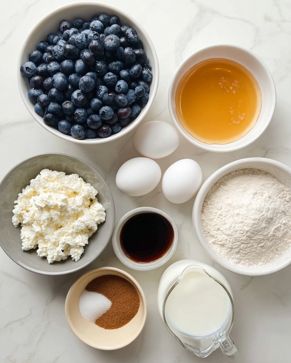 The image shows cooking ingredients arranged neatly on a white marbled surface. There is a large white bowl filled with fresh, round blueberries that are deep blue with a slight dusty texture, placed near the top-left. Below it, a white bowl holds golden honey that looks smooth and slightly thick. Beside the honey, a smaller white bowl contains dark brown syrup with a shiny surface. Two white eggs lie side by side near the center. Below the eggs, a gray bowl holds white cottage cheese with a lumpy texture. Next to it, a small beige dish contains a mix of brown and white powders, possibly cinnamon and salt, with a rough texture. A bigger white bowl on the bottom right is filled with white flour, which appears soft and powdery. Lastly, a clear measuring cup with white milk is positioned on the left edge of the image. photo taken with an iphone --ar 4:5 --v 7