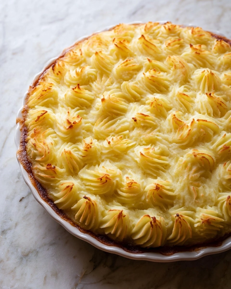 A round brown baking dish holds a layered pie with three concentric circles of golden mashed potato piping. The outer layer is tightly swirled and browned at the edges, the middle layer has a slightly lighter golden texture with soft waves, and the center is a small rosette with a light golden top. The mashed potato layers have visible ridges and a slightly crisp look on top. The dish sits on a worn, rusty metal surface that can be imagined as a white marbled texture. photo taken with an iphone --ar 4:5 --v 7