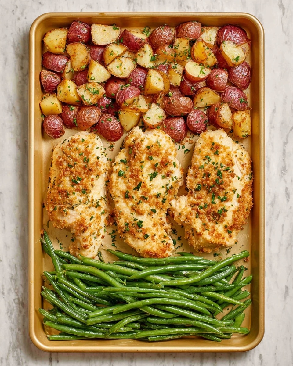 The image shows a white round plate with three main layers of food arranged in sections: on the left is a golden-brown crispy baked chicken piece with a crunchy surface sprinkled with small green herbs; on the upper right side are roasted potatoes cut into chunks, with browned edges and some green herb bits; on the bottom right side is a neat pile of cooked green beans, shiny and bright green with a slightly oily texture; a silver knife and fork lie on the right edge of the plate; the plate sits on a white marbled surface with a glass of water partially visible above and a small white bowl with green fresh parsley to the right; photo taken with an iphone --ar 4:5 --v 7