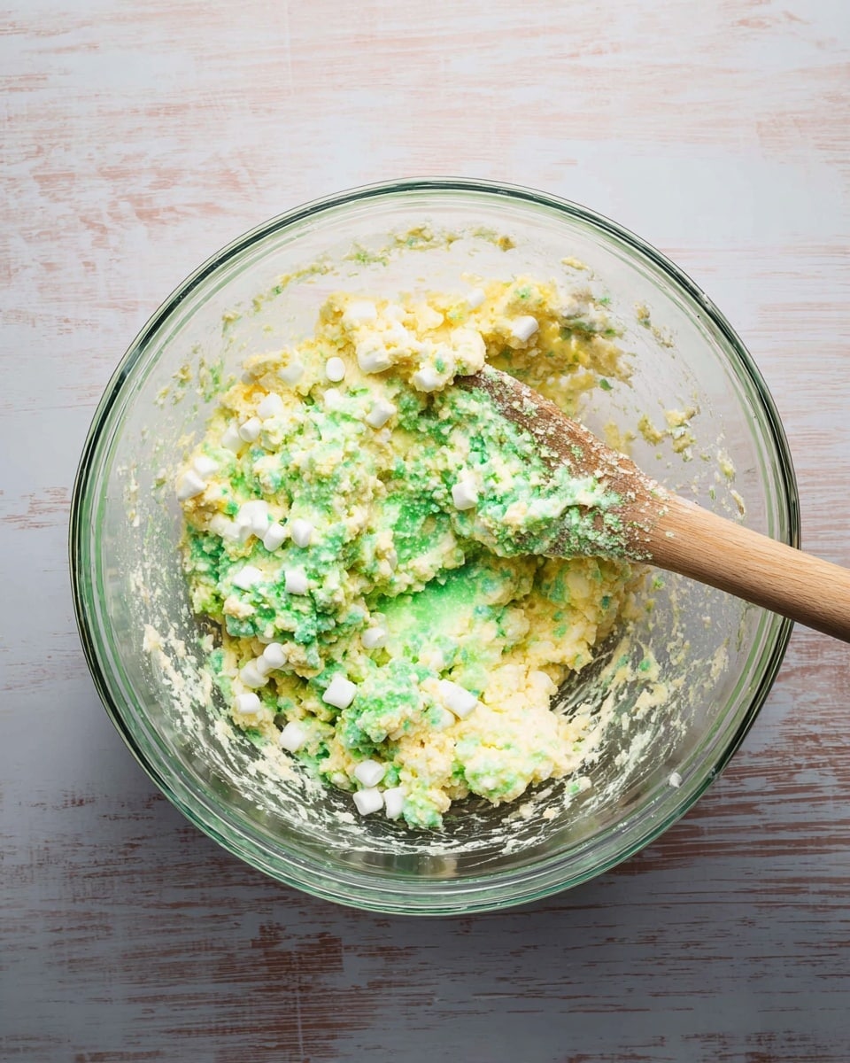 A clear glass bowl holds a mixture with three main layers visible: a creamy yellow base, a thick layer of bright green folding through the center, and small white marshmallow bits scattered evenly throughout. The texture looks soft and chunky with a wooden spoon inserted on the right side, coated with the same mixture. The bowl is placed on a white marbled surface, creating a clean and simple background. photo taken with an iphone --ar 4:5 --v 7