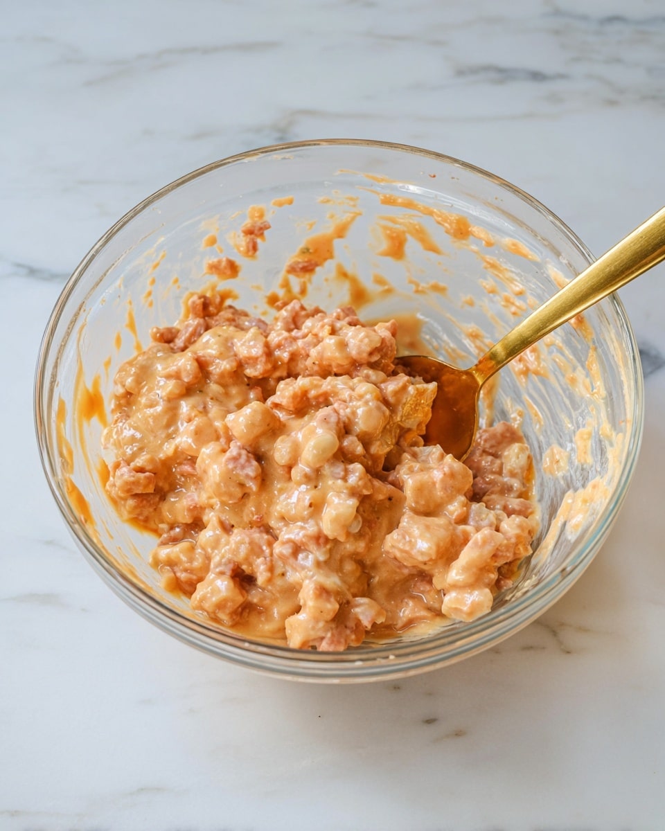 A clear glass bowl sits on a white marbled surface, filled with a mixture of small, light pink chunks coated in a creamy, slightly orange sauce. The mixture looks thick and sticky, with some sauce splattered along the bowl's sides. A golden spoon is partially buried in the mixture on the right side, its handle pointing outwards. photo taken with an iphone --ar 4:5 --v 7