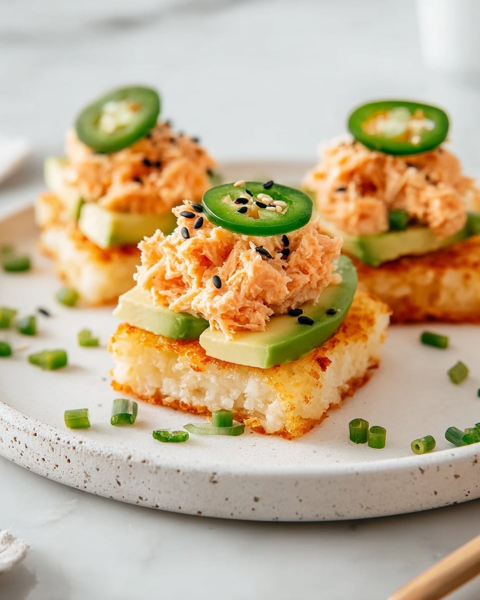 The image shows several small square crispy rice cakes as the base layer, golden brown and crunchy in texture. On top of each rice cake is a layer of thin, pale green avocado slices adding smoothness. Above the avocado sits a creamy orange mixture of chopped salmon, giving a soft and rich look. Each piece is finished with a bright green thin slice of jalapeño placed on top, sprinkled with black and white sesame seeds and small green chive pieces scattered around. All the food is displayed on a white marbled surface, with sunlight casting soft shadows. Photo taken with an iphone --ar 4:5 --v 7