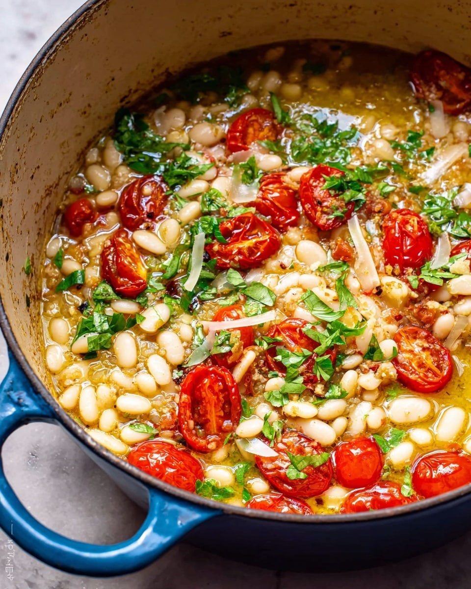 A close-up view of a blue pot filled with a warm stew made of small white beans as the main layer, mixed with halved red cherry tomatoes scattered throughout. Fresh green parsley leaves are spread on top and mixed in, adding a fresh touch. The stew has a light yellowish broth with some oil shine, and there are thin slices of white cheese melted inside. The scene is set on a white marbled surface. Photo taken with an iphone --ar 4:5 --v 7