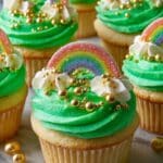 St. Patrick’s Day Cupcakes with Rainbow Candies and Gold Sprinkles Recipe