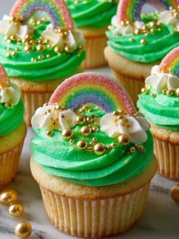 St. Patrick’s Day Cupcakes with Rainbow Candies and Gold Sprinkles Recipe