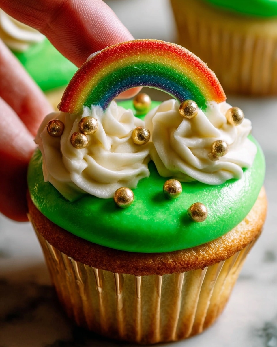 A close-up of a cupcake with a light golden base layer topped by a smooth, thick layer of bright green frosting. On top of the green frosting, there are two swirls of white cream positioned near the edges. A colorful rainbow candy strip arches between the two swirls, held by a woman's hand placing it. Around the white cream swirls, there are small shiny golden ball decorations. The cupcake sits against a white marbled background. Photo taken with an iphone --ar 4:5 --v 7