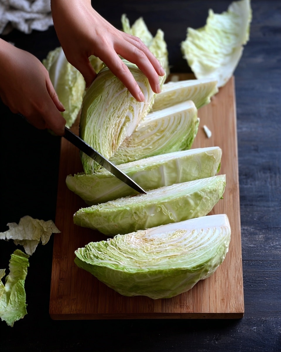 A woman's hand is holding a knife slicing through a large wedge of light green cabbage on a wooden cutting board. The cabbage is cut into six thick wedges, each showing layers of pale green and white leaves with a dense white core. A few loose cabbage leaves are scattered around the board. The cutting board is placed on a dark surface with a soft texture. photo taken with an iphone --ar 4:5 --v 7