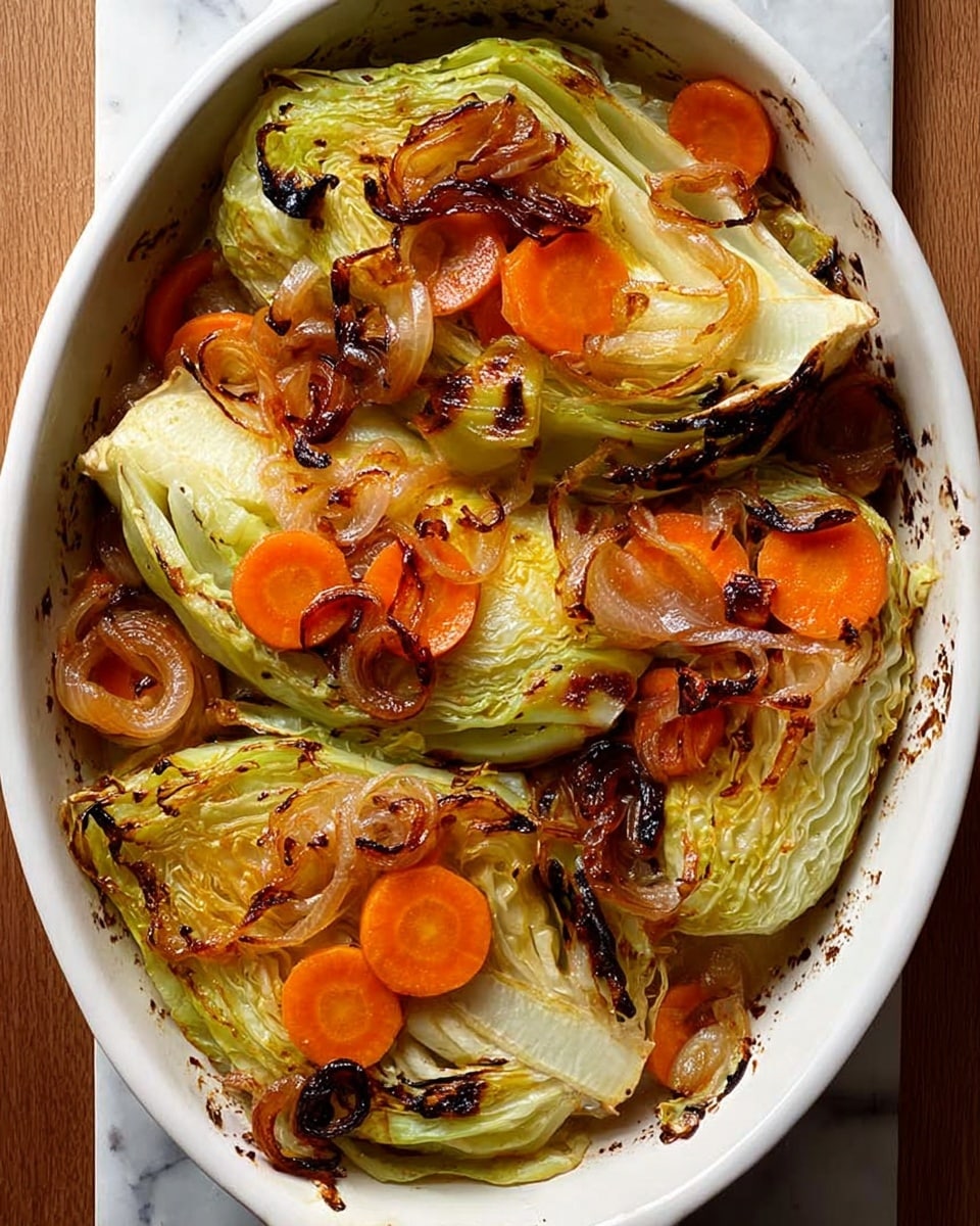 An oval white baking dish holds roasted vegetable layers with a base of large, golden-brown wedges of cabbage, showing some charred edges and soft textures. Scattered on top are bright orange carrot slices and thin, translucent rings of caramelized red onions. The edges of the dish have baked-on dark brown spots, adding a rustic look. Two woman's hands wrapped in white cloths hold the dish from the top and bottom, set on a wooden surface. photo taken with an iphone --ar 4:5 --v 7