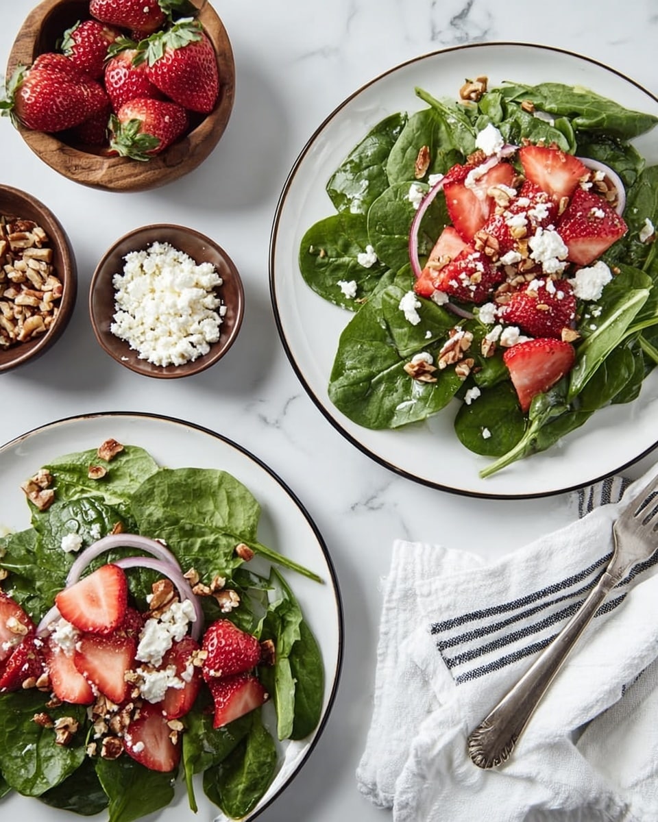 Two white plates with a thin black rim hold fresh green spinach leaves layered with bright red, sliced strawberries, and light purple onion rings. Small pieces of chopped nuts and white crumbled cheese are sprinkled on top. Around the plates, there are small brown bowls, one filled with whole strawberries, one with white crumbly cheese, and another with nuts. The scene is set on a white marbled surface with a white cloth with black stripes folded on the right. photo taken with an iphone --ar 4:5 --v 7