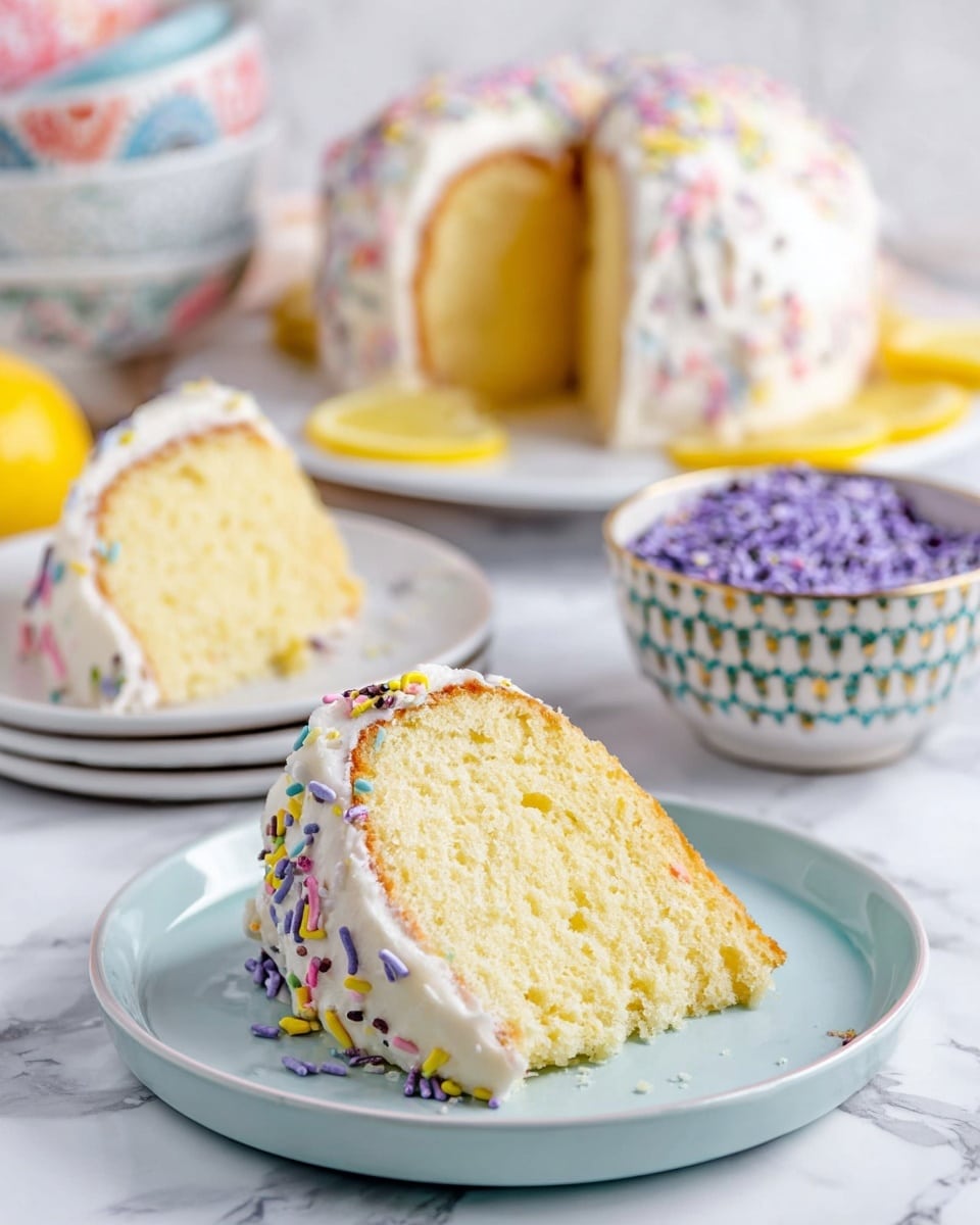 The image shows a slice of cake on a white plate placed on a white marbled surface. The cake has two layers of light yellow soft sponge with white frosting covering the outside. The frosting is decorated with small colorful sprinkles in pink, yellow, blue, and white. In the background, there is another slice of the same cake on a light blue plate, showing the inside texture, and a larger piece of the same cake covered in white frosting with colorful sprinkles, placed on a white plate with lemon slices beside it. Also, there is a patterned bowl filled with purple sprinkles. Photo taken with an iphone --ar 4:5 --v 7