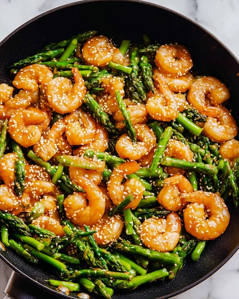 A black wok filled with cooked shrimp and bright green chopped asparagus pieces, all mixed together and sprinkled with sesame seeds. The shrimp are orange and shiny with a light sauce. The wok has a wooden handle on the left and a dark wooden spatula slightly under the food. The wok sits on a white marbled surface with a small white plate holding coarse salt and a small wooden spoon above it. Around the wok, there are garlic bulbs and cloves, a small white bowl of sesame seeds on the upper right, a small white bowl with light golden honey to the right, and a white bowl filled with chopped green onions on the lower right. Pieces of ginger are placed on the lower left corner photo taken with an iphone --ar 4:5 --v 7
