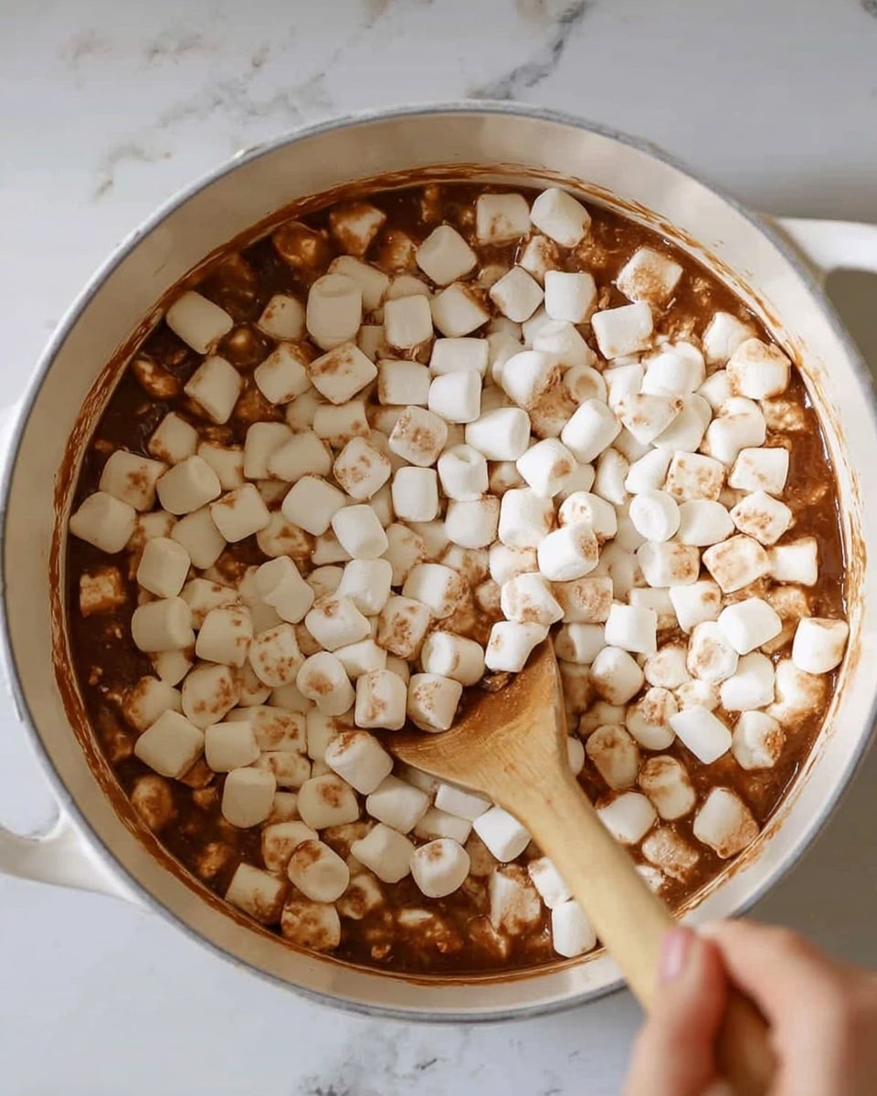 A white pot filled with a thick brown mixture at the bottom and small white marshmallows covering the top layer, some marshmallows are lightly stained with the brown mixture. A woman's hand is stirring the contents with a wooden spoon, partly mixing the marshmallows and brown mixture. The pot is on a surface with a white marbled texture. photo taken with an iphone --ar 4:5 --v 7
