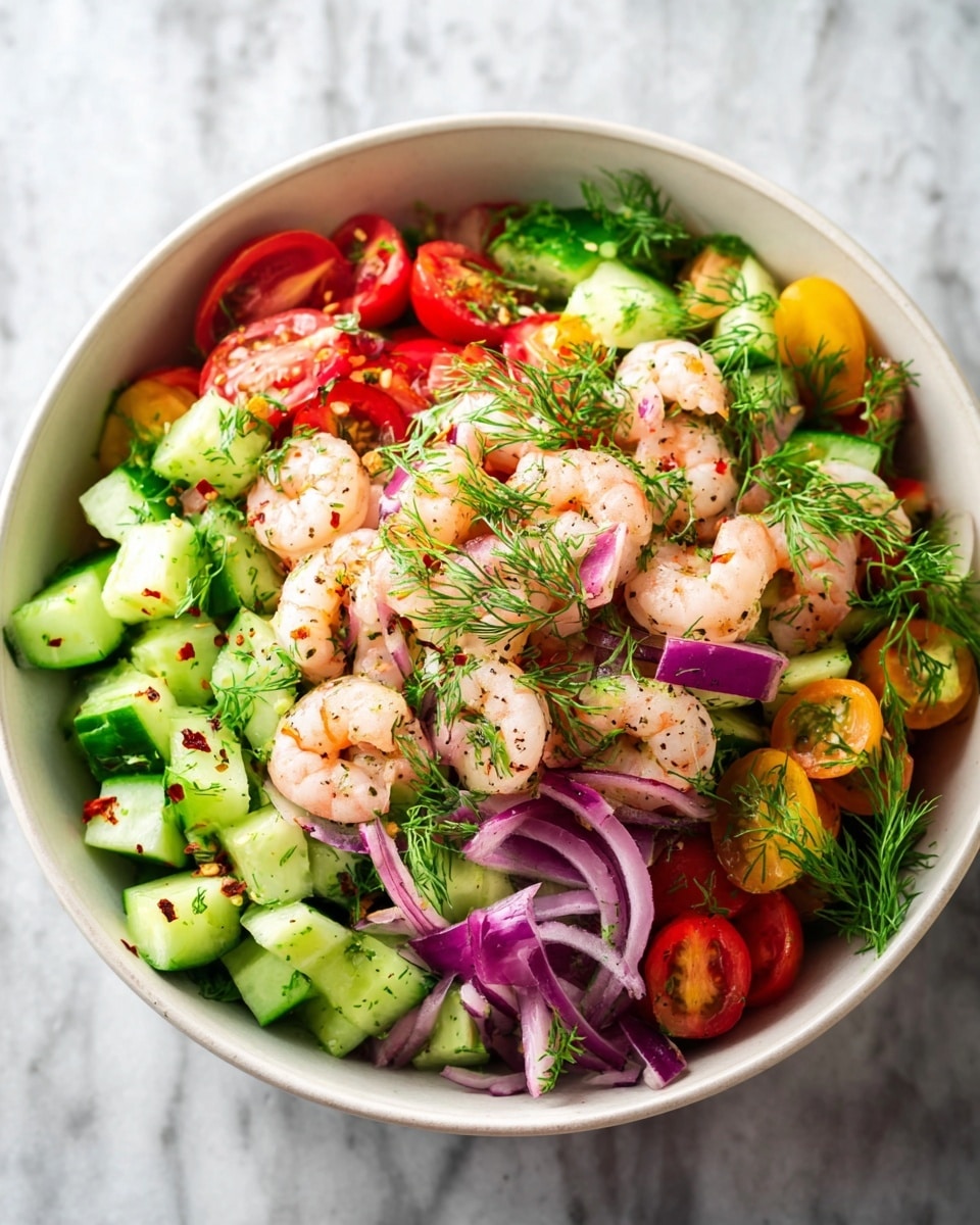 A white bowl is filled with a colorful shrimp salad showing several layers and textures. The bottom layer has chunks of green cucumber with dark green skin and lighter green inside. Mixed in this layer are bright red and yellow cherry tomato halves adding bright red and yellow spots. Over this base, there are small, pink shrimp scattered evenly across the bowl. Thin slices of purple onion add a light purple contrast showing curved edges, and finely chopped green dill herbs are sprinkled on top. A silver spoon is placed on the right side inside the bowl. The bowl sits on a white marbled surface with fresh green dill and a yellow lemon in the blurry background. Photo taken with an iphone --ar 4:5 --v 7