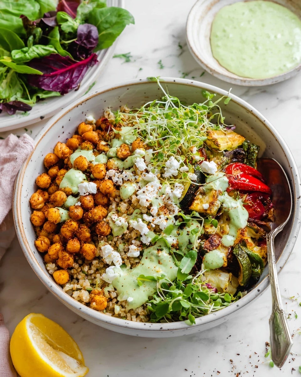 A large white bowl contains a colorful layered salad starting with a base of cooked grains in light brown tone on the right side, topped unevenly with roasted vegetables like zucchini and red peppers that are golden and charred. Next, there is a generous layer of golden roasted chickpeas on the left side. On top, fresh green leaves and sprouts are scattered, while a creamy light green sauce is drizzled all over, garnished with small white cheese crumbles and a sprinkle of black pepper. A silver spoon is partially placed inside the bowl near the chickpeas. The bowl sits on a white marbled surface with a lemon half in front and a white plate with fresh mixed greens blurred in the background. photo taken with an iphone --ar 4:5 --v 7