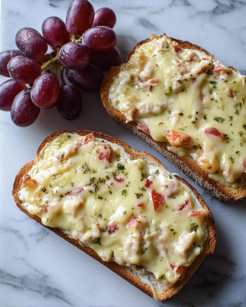 Two open sandwiches on a white marbled surface, each with a single layer of toasted bread topped with a thick, creamy layer of melted cheese mixed with small pieces of tomato and herbs, showing a slightly golden brown color in some spots. To the left of the sandwiches, there is a small bunch of red and purple grapes adding a fresh contrast. photo taken with an iphone --ar 4:5 --v 7
